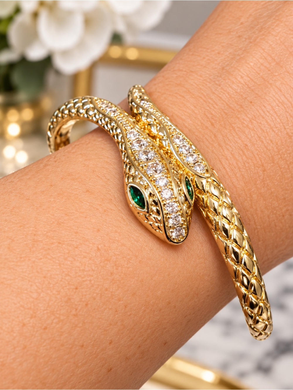 Gold Snake Cuff Bracelet with Green Stone Eyes